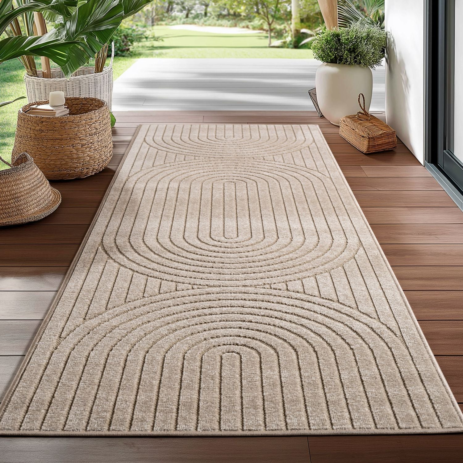 Beige Tapijt Laagpolig Vloerkleed Indoor/Outdoor Japandi Stijl
