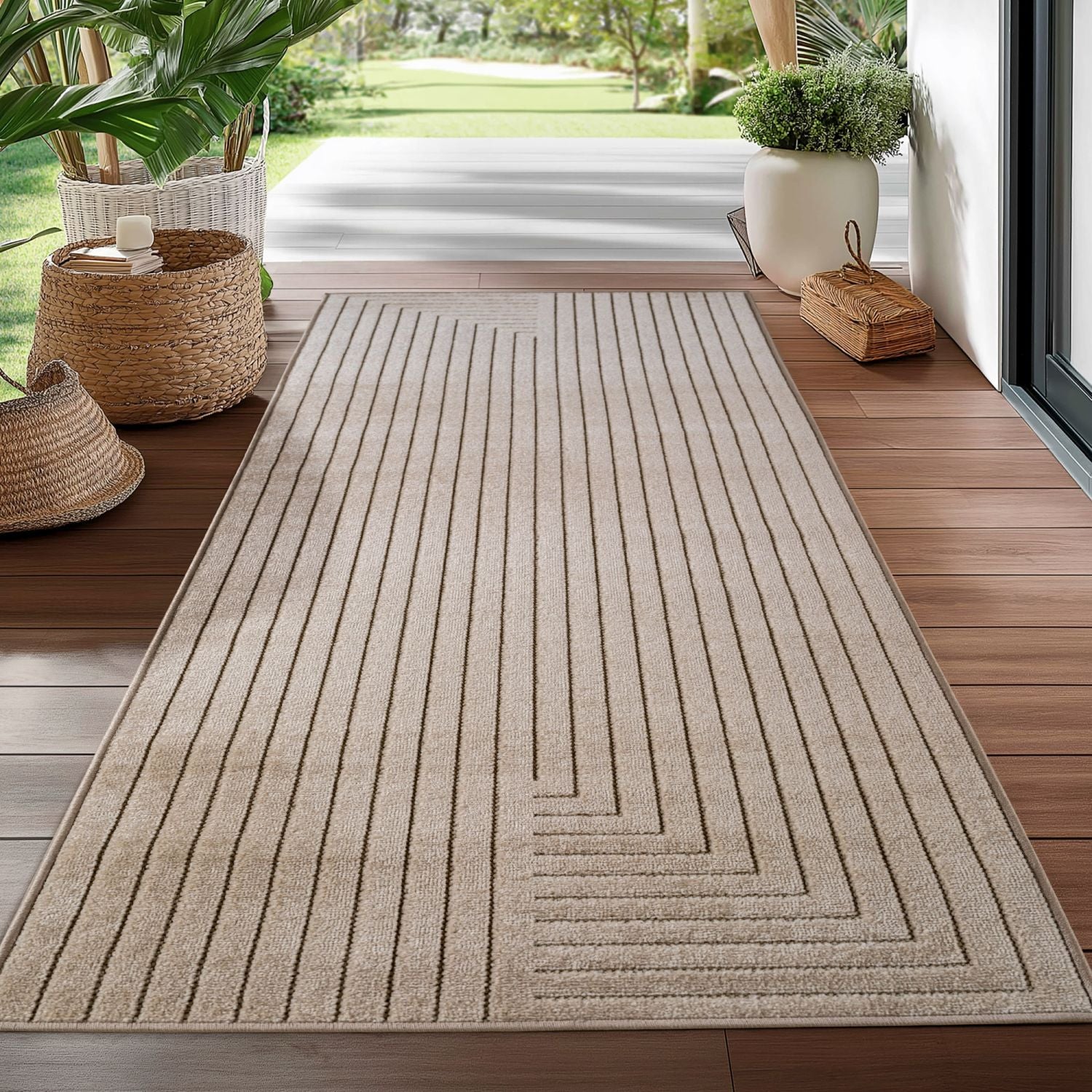 Beige Tapijt Laagpolig Vloerkleed Indoor/Outdoor Japandi Stijl