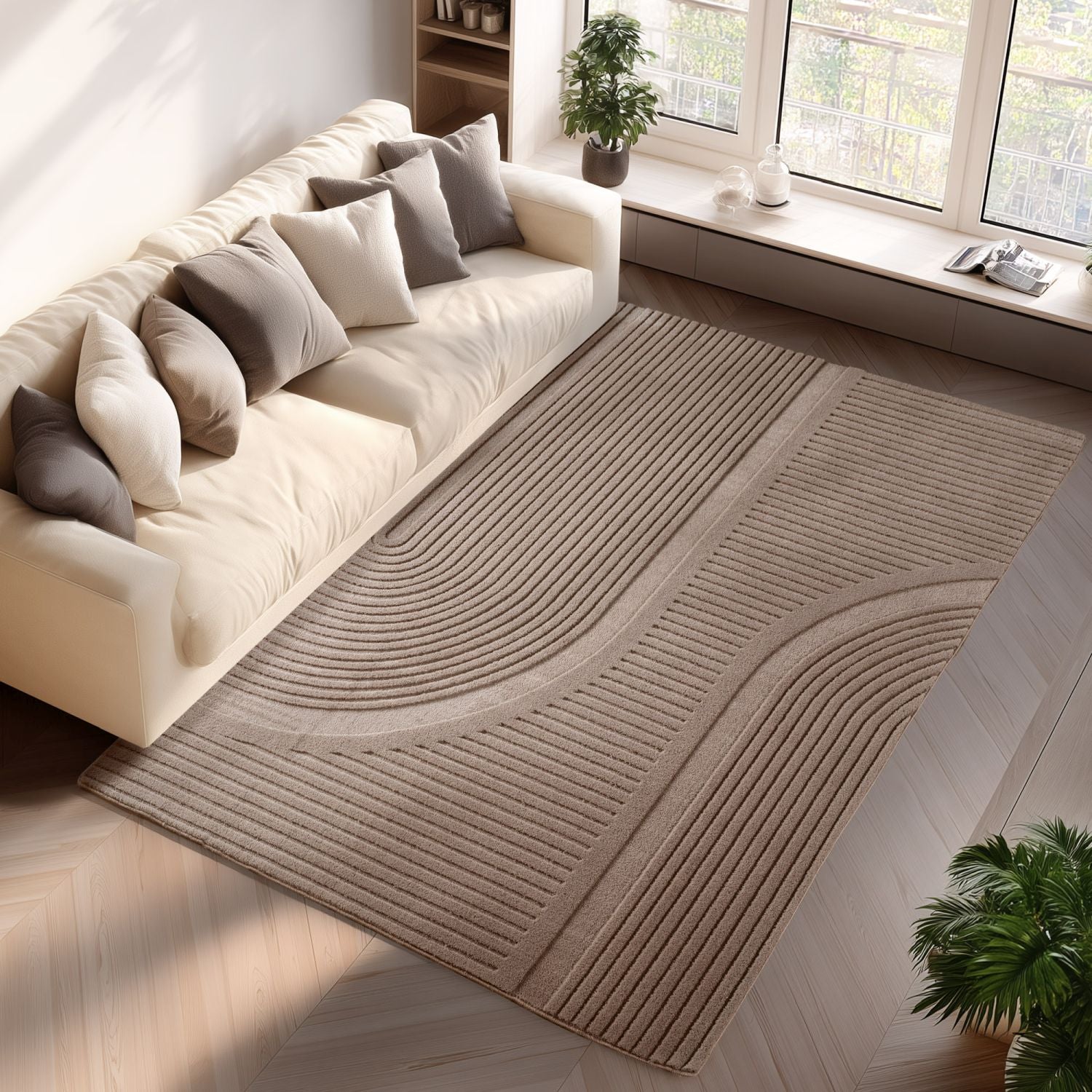 Beige Tapijt Laagpolig Vloerkleed Omid Japandi Stijl