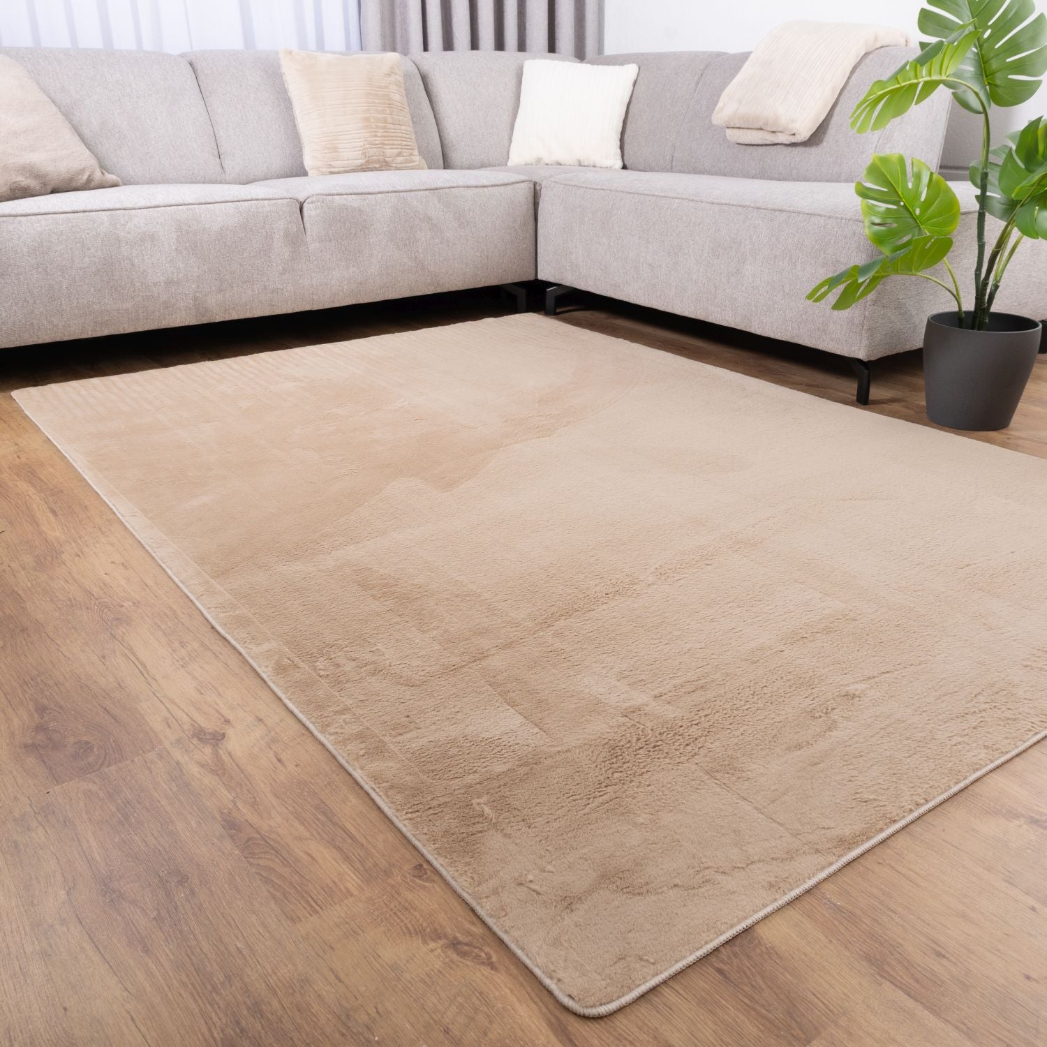 Beige Tapijt Laagpolig Vloerkleed Omid Thin Fluffy