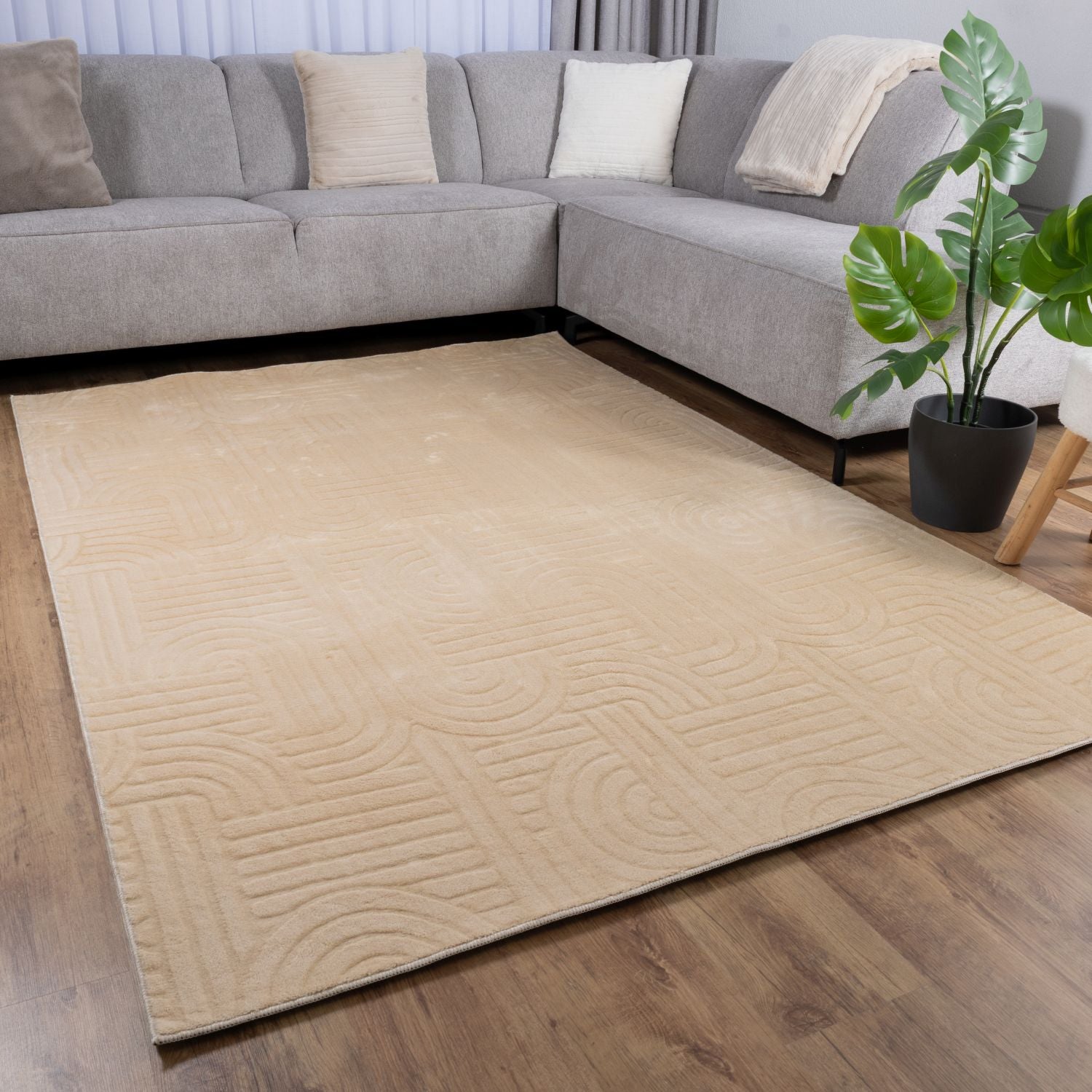 Beige Tapijt Wasbaar Laagpolig Vloerkleed met Anti Slip Omid Japandi Stijl Wasbaar op 30° - Omid Carpets