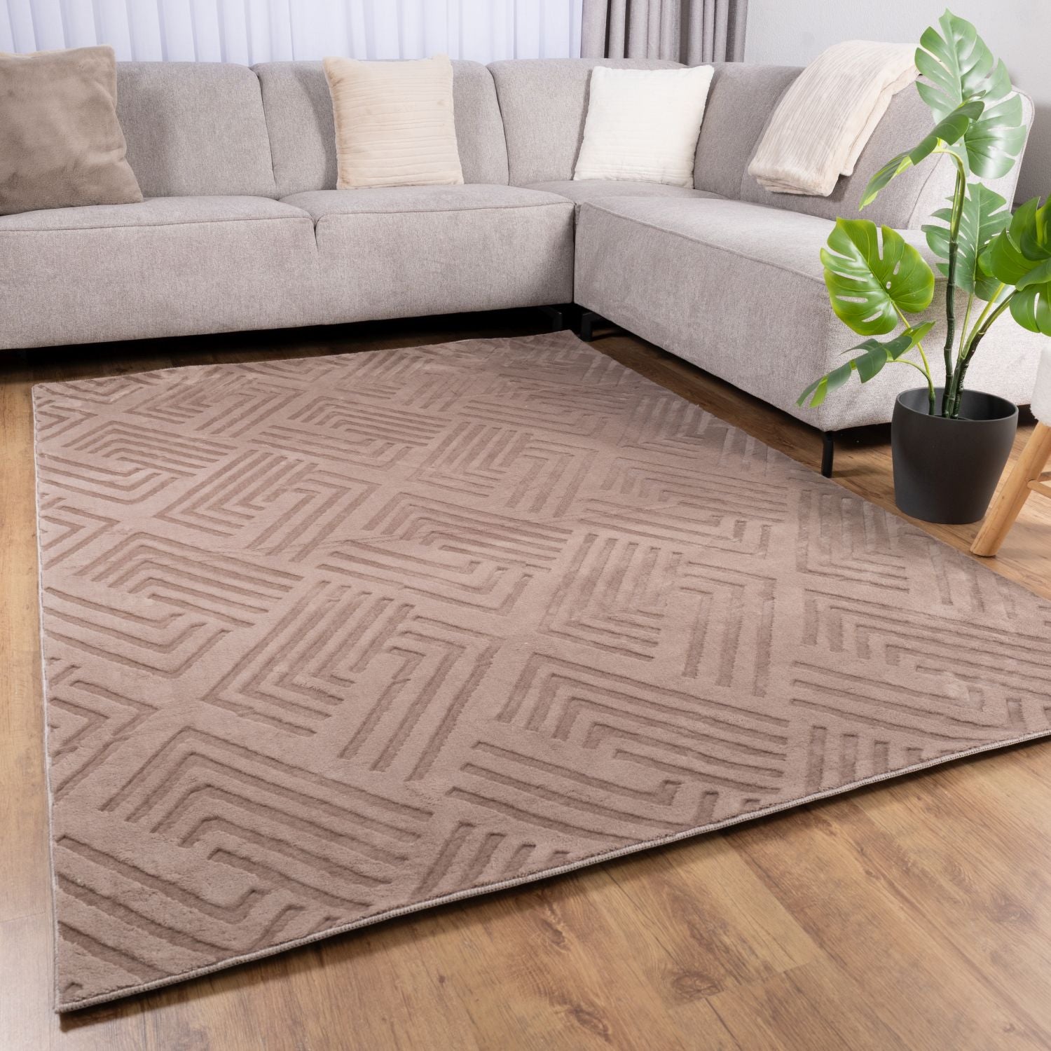 Taupe Tapijt Wasbaar Laagpolig Vloerkleed met Anti Slip Omid Japandi Stijl Wasbaar op 30° - Omid Carpets