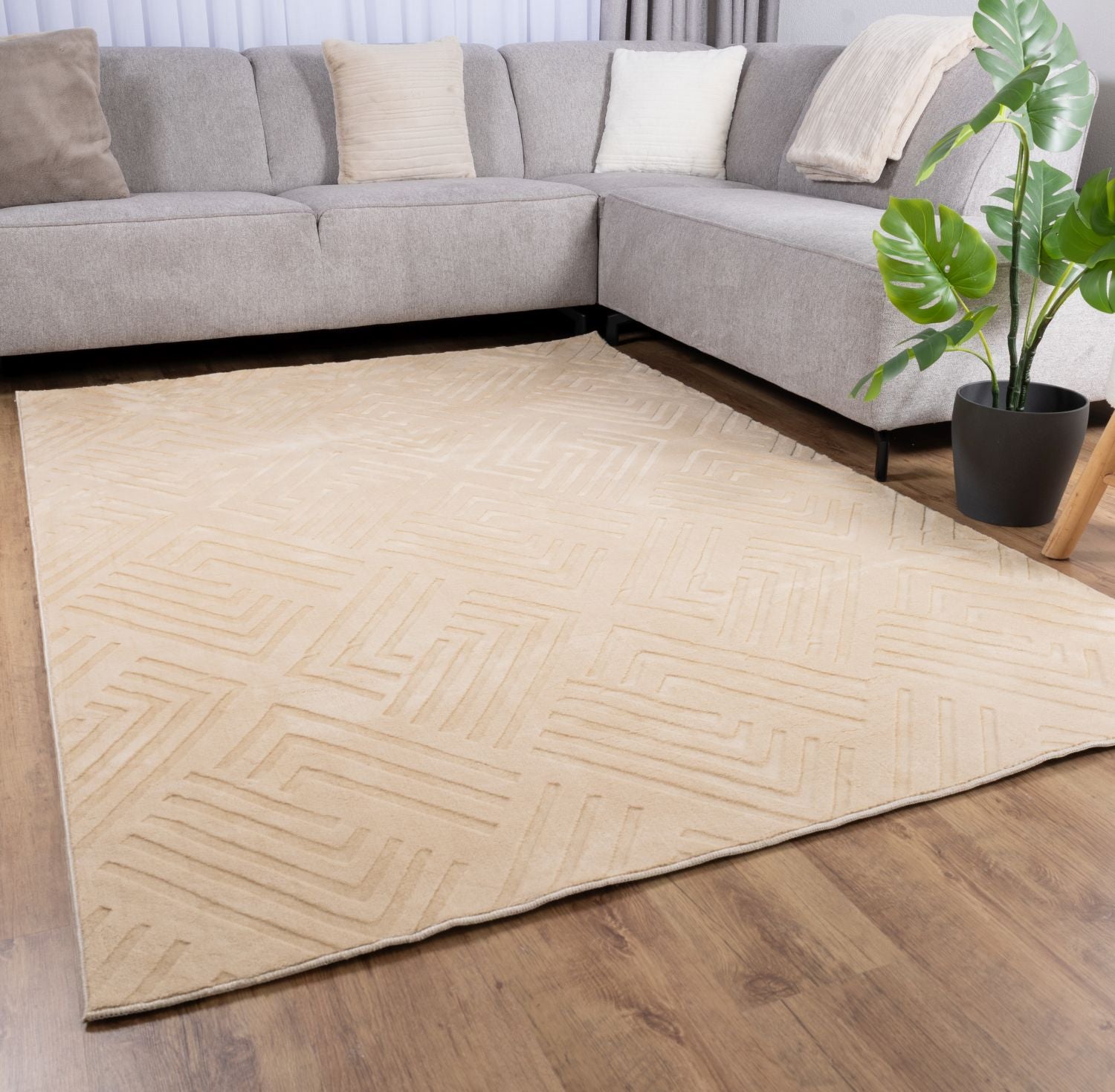 Beige Tapijt Wasbaar Laagpolig Vloerkleed met Anti Slip Omid Japandi Stijl Wasbaar op 30° - Omid Carpets