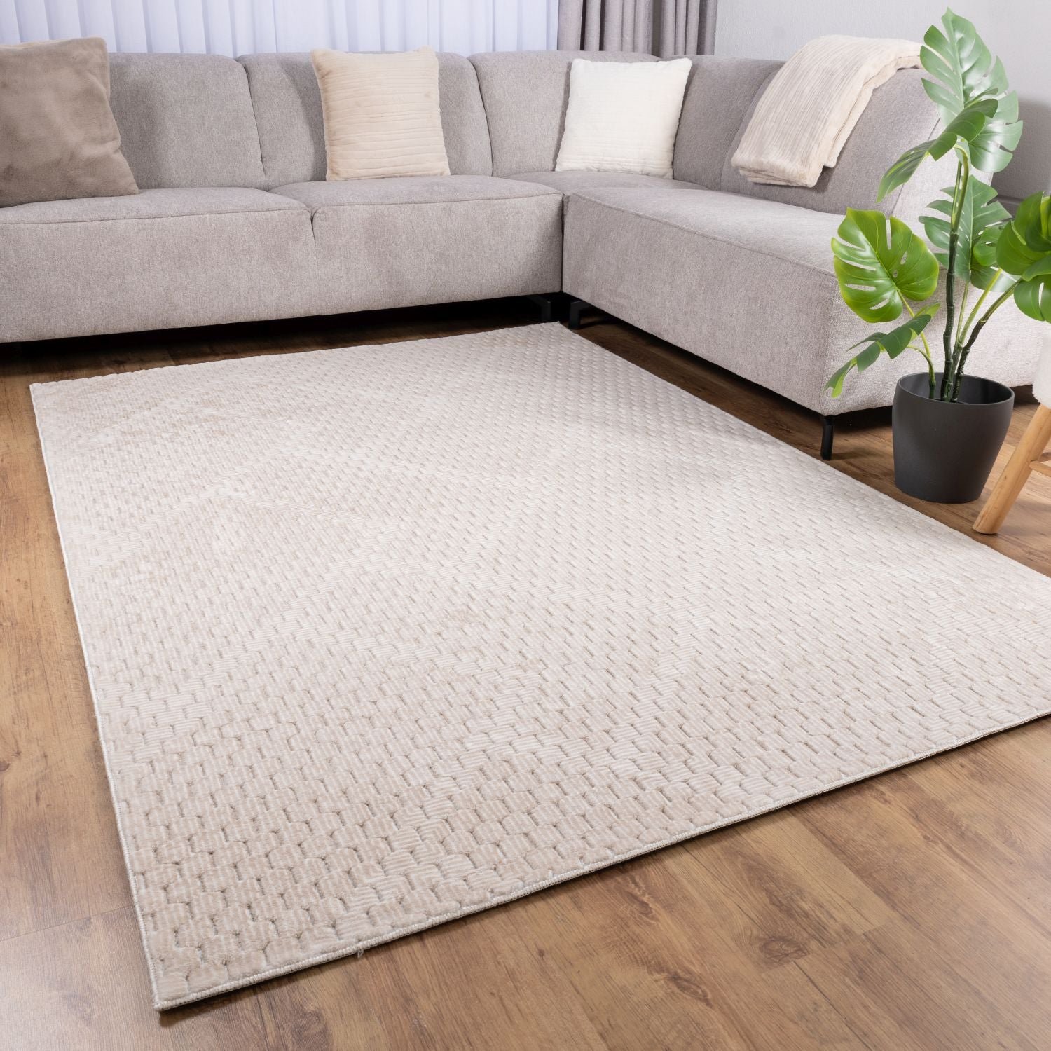 Crème Tapijt Wasbaar Laagpolig Vloerkleed met Anti Slip Omid Modula Wasbaar op 30° - Omid Carpets