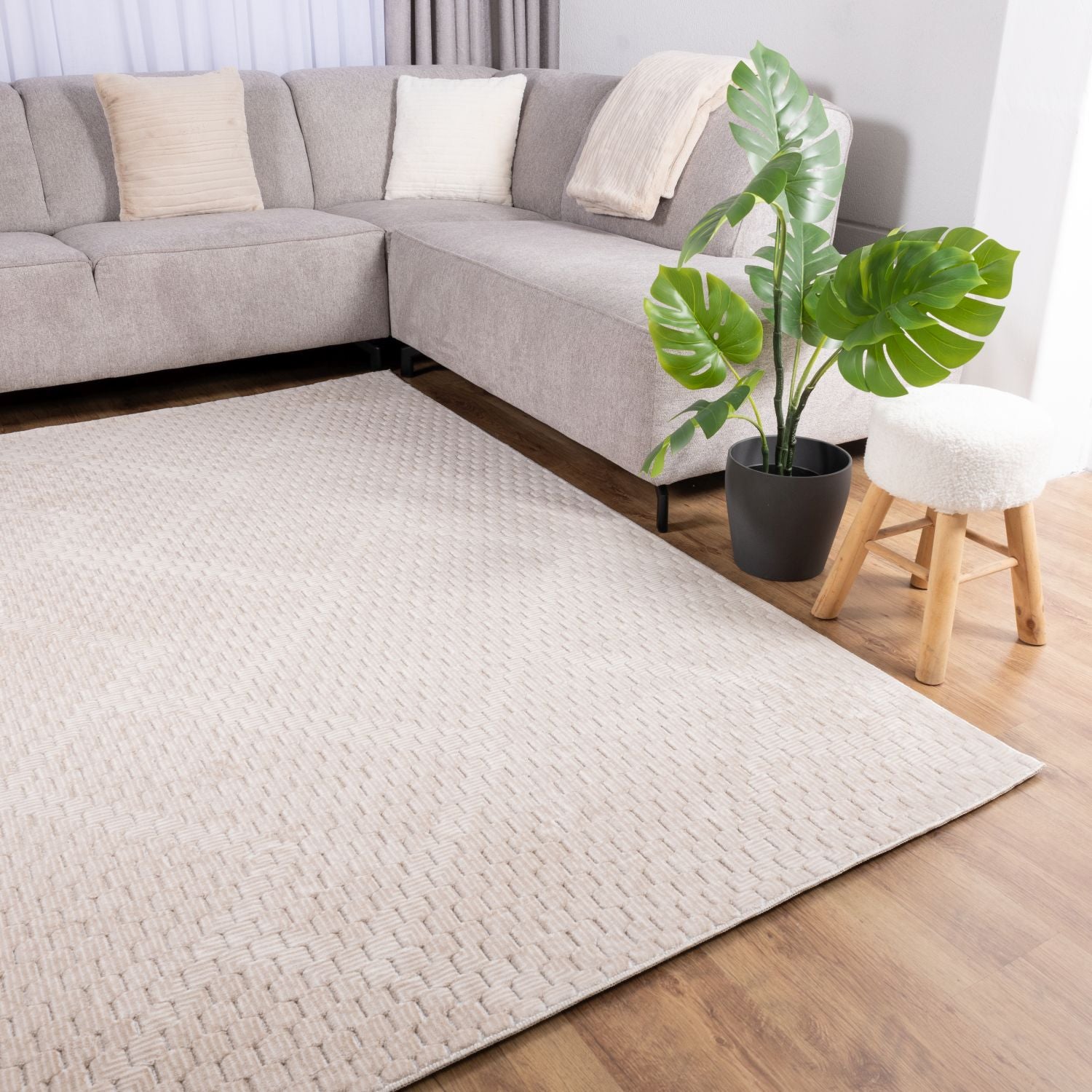 Crème Tapijt Wasbaar Laagpolig Vloerkleed met Anti Slip Omid Modula Wasbaar op 30° - Omid Carpets