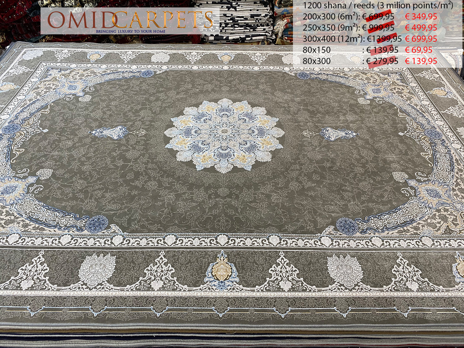 قالین 1200 شانه * Grijs Tapijt Laagpolig Klassiek Vloerkleed - Omid Premium Classic Hand Look - 3 Miljoen punten/m²