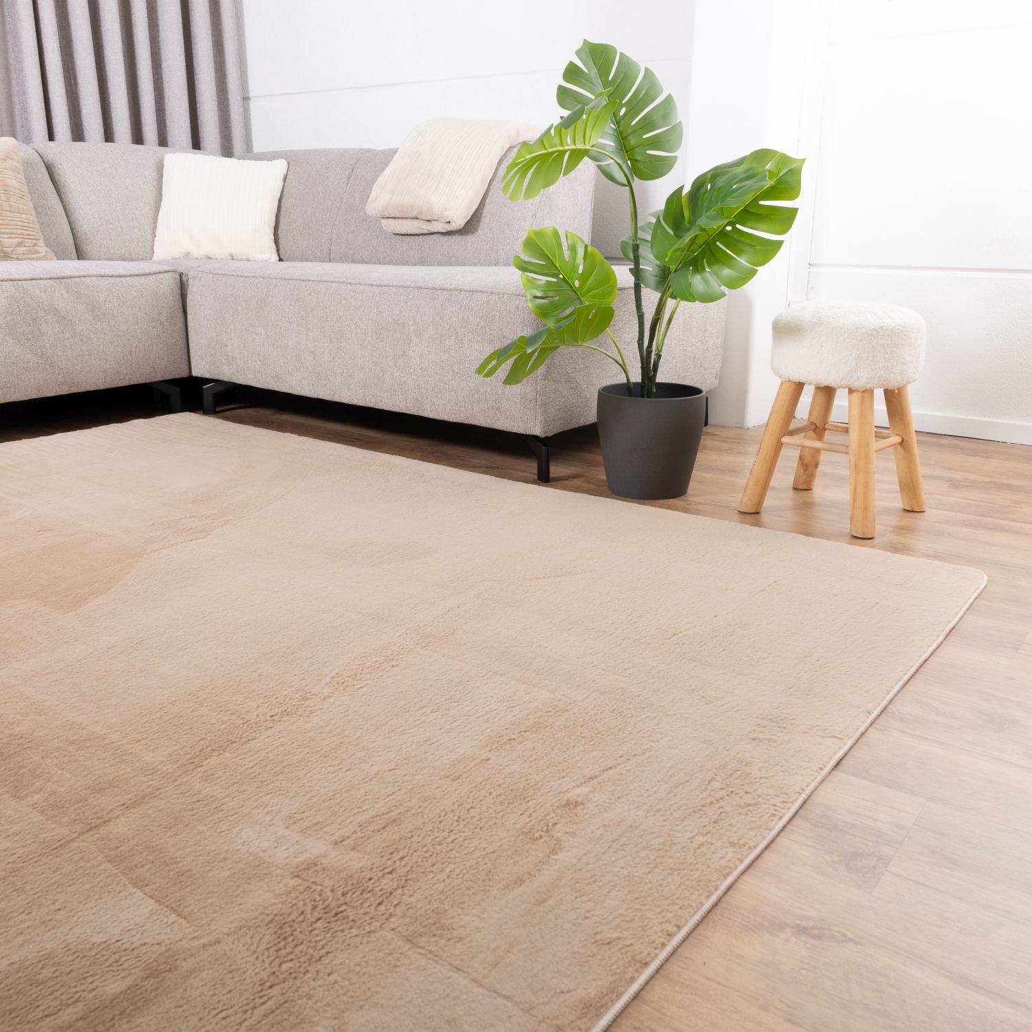 Beige Tapijt Laagpolig Vloerkleed Omid Thin Fluffy