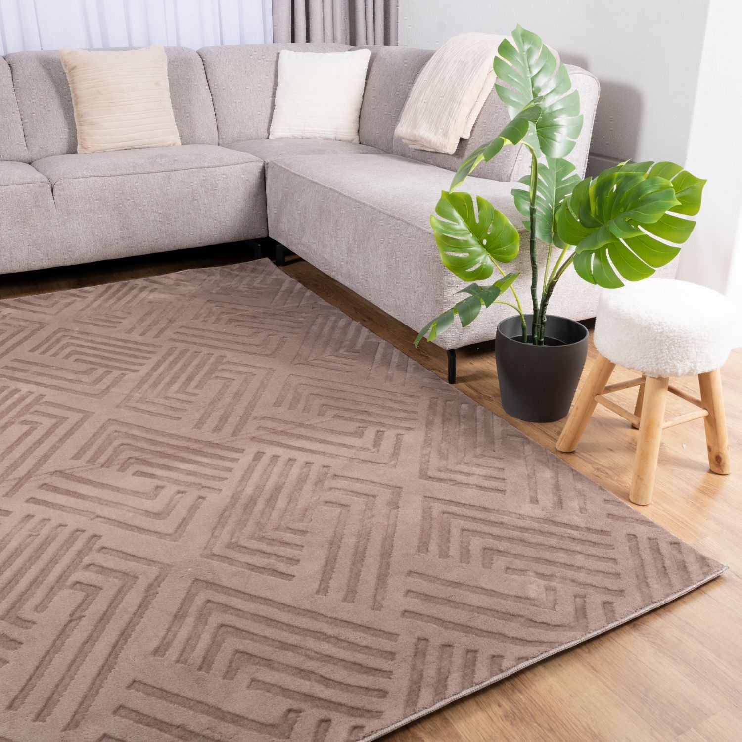 Taupe Tapijt Wasbaar Laagpolig Vloerkleed met Anti Slip Omid Japandi Stijl Wasbaar op 30° - Omid Carpets