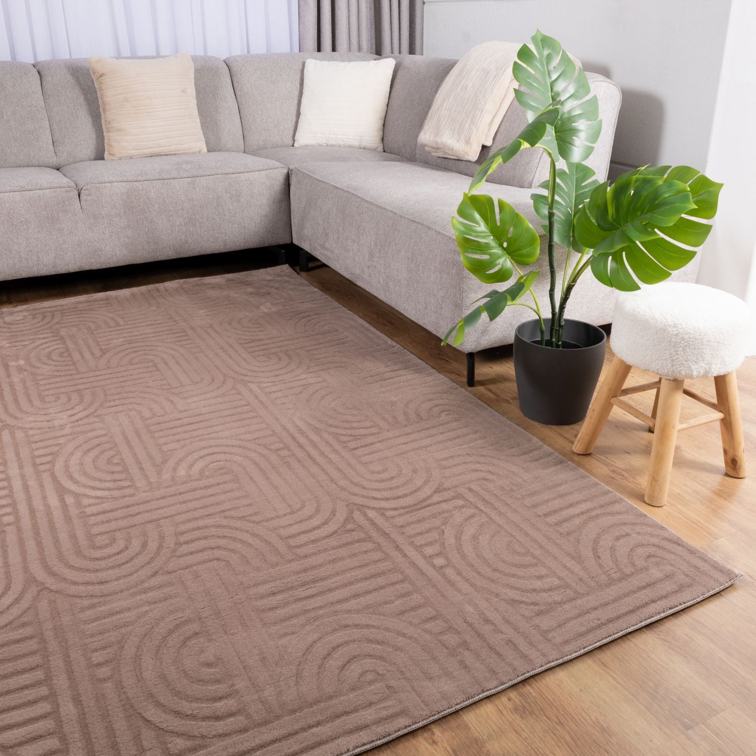 Taupe Tapijt Wasbaar Laagpolig Vloerkleed met Anti Slip Omid Japandi Stijl Wasbaar op 30° - Omid Carpets