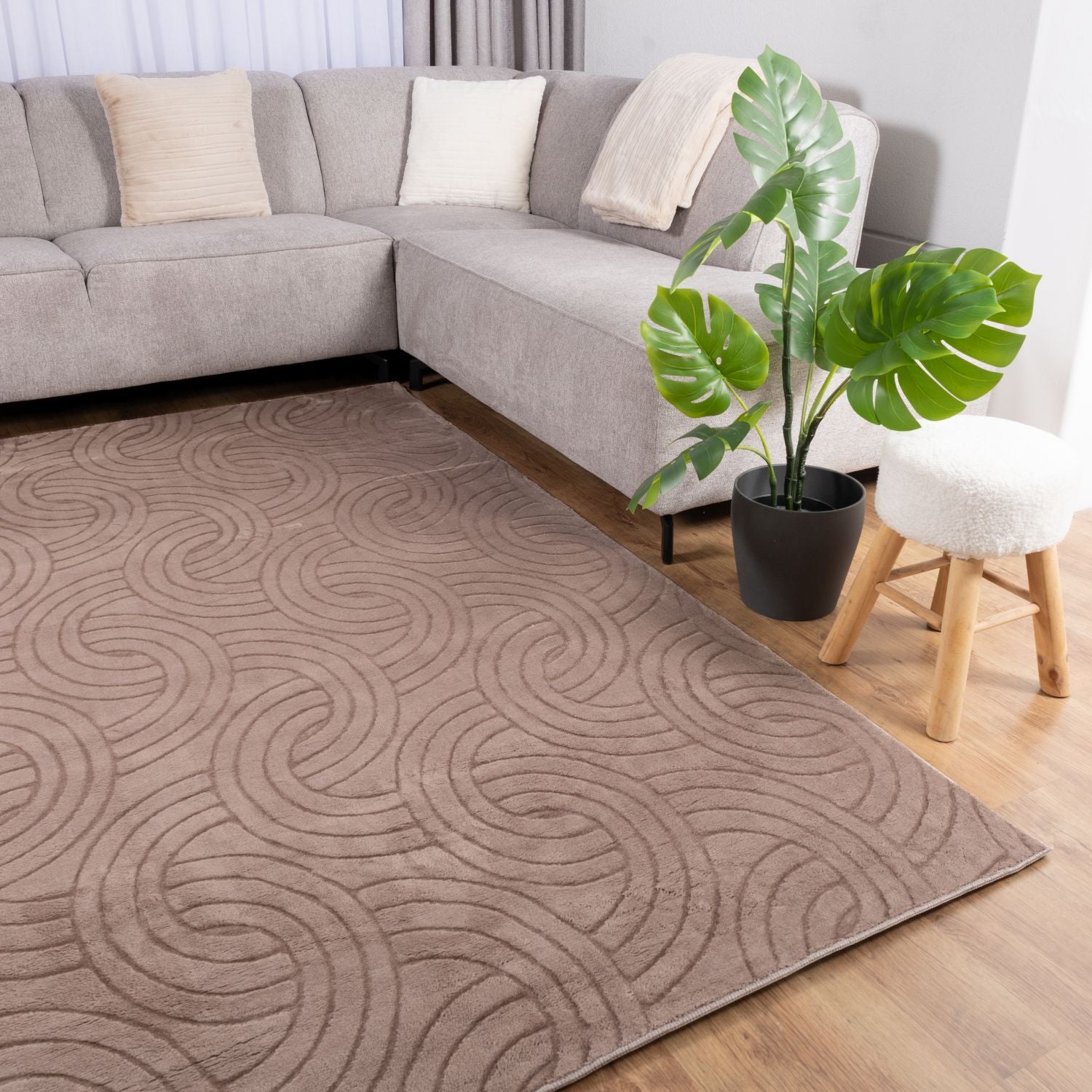 Taupe Tapijt Wasbaar Laagpolig Vloerkleed met Anti Slip Omid Japandi Stijl Wasbaar op 30° - Omid Carpets