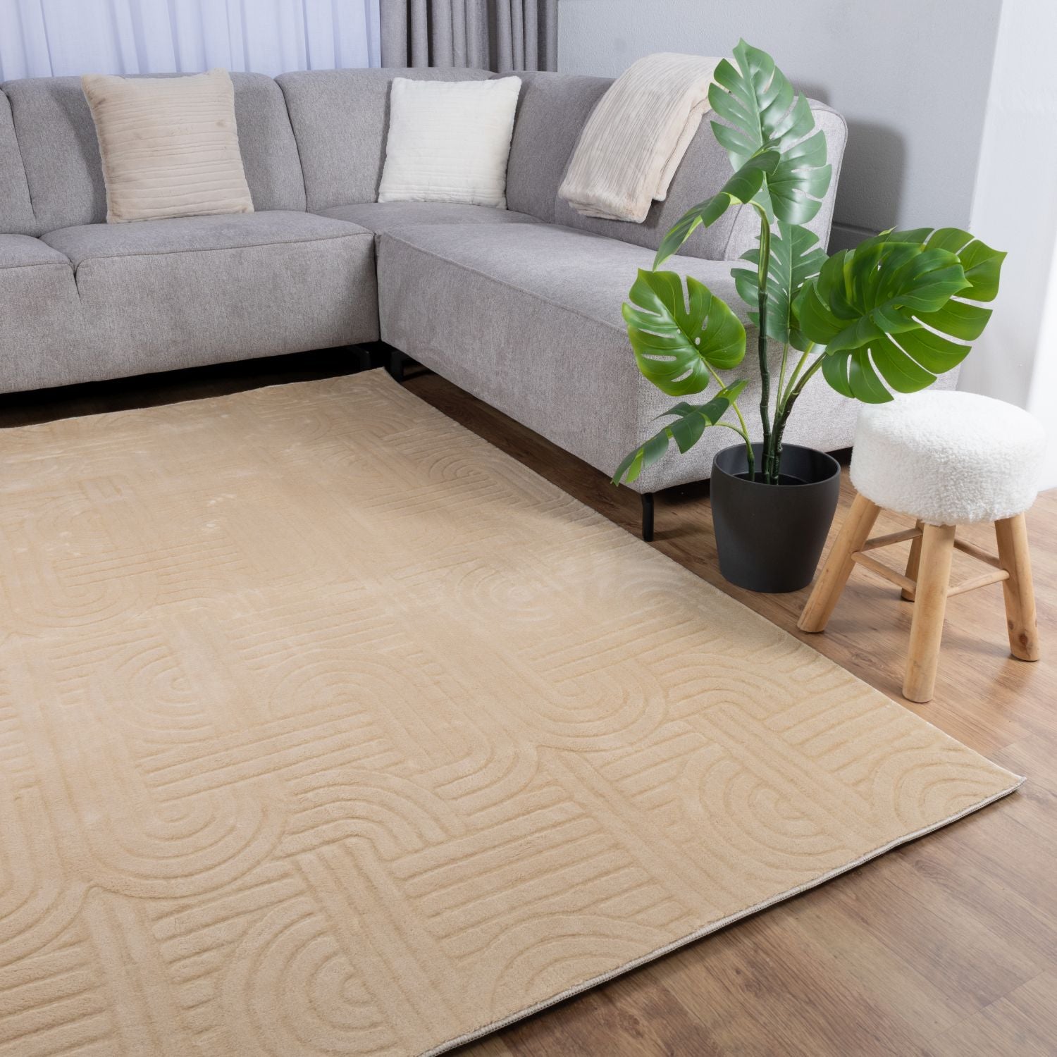 Beige Tapijt Wasbaar Laagpolig Vloerkleed met Anti Slip Omid Japandi Stijl Wasbaar op 30° - Omid Carpets
