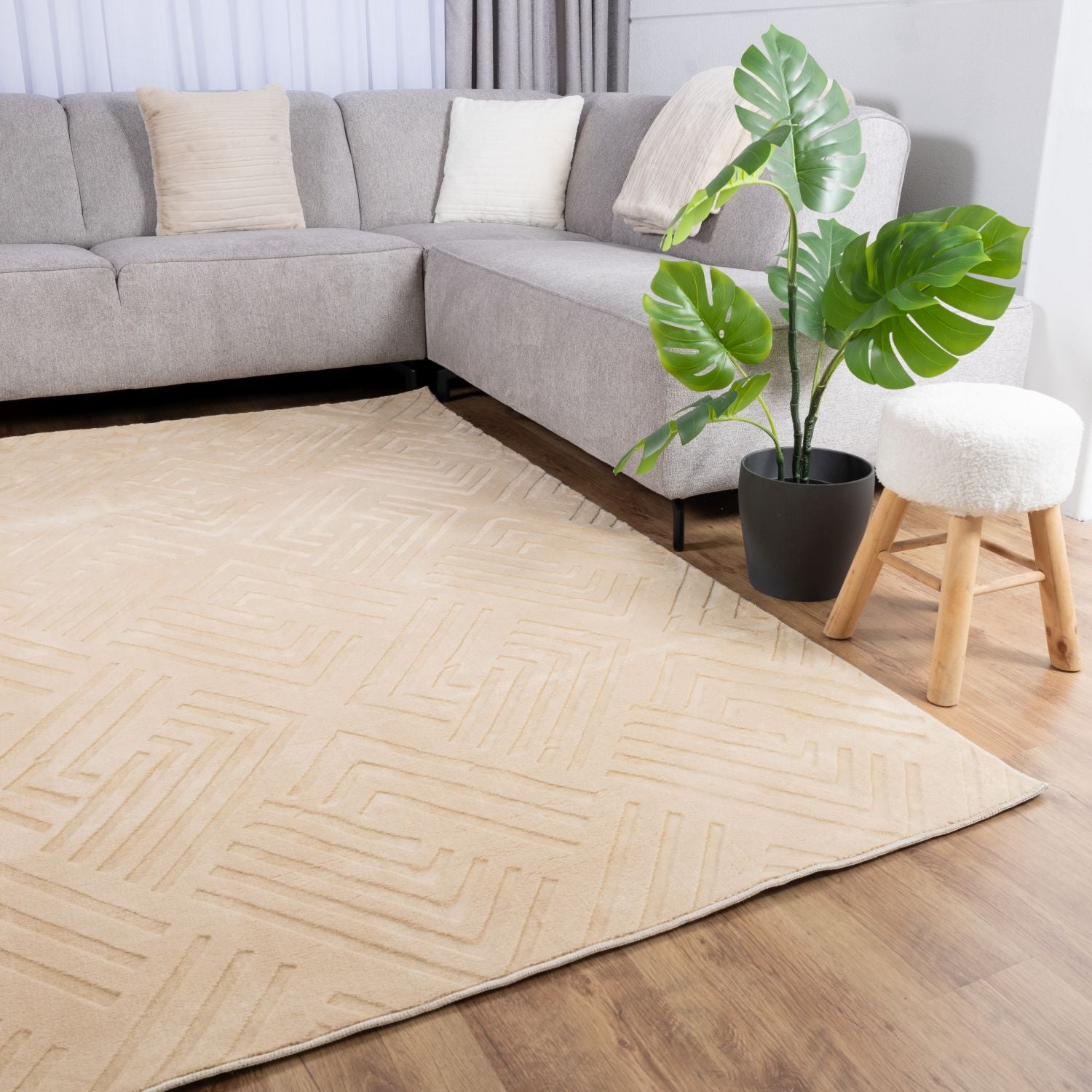 Beige Tapijt Wasbaar Laagpolig Vloerkleed met Anti Slip Omid Japandi Stijl Wasbaar op 30° - Omid Carpets