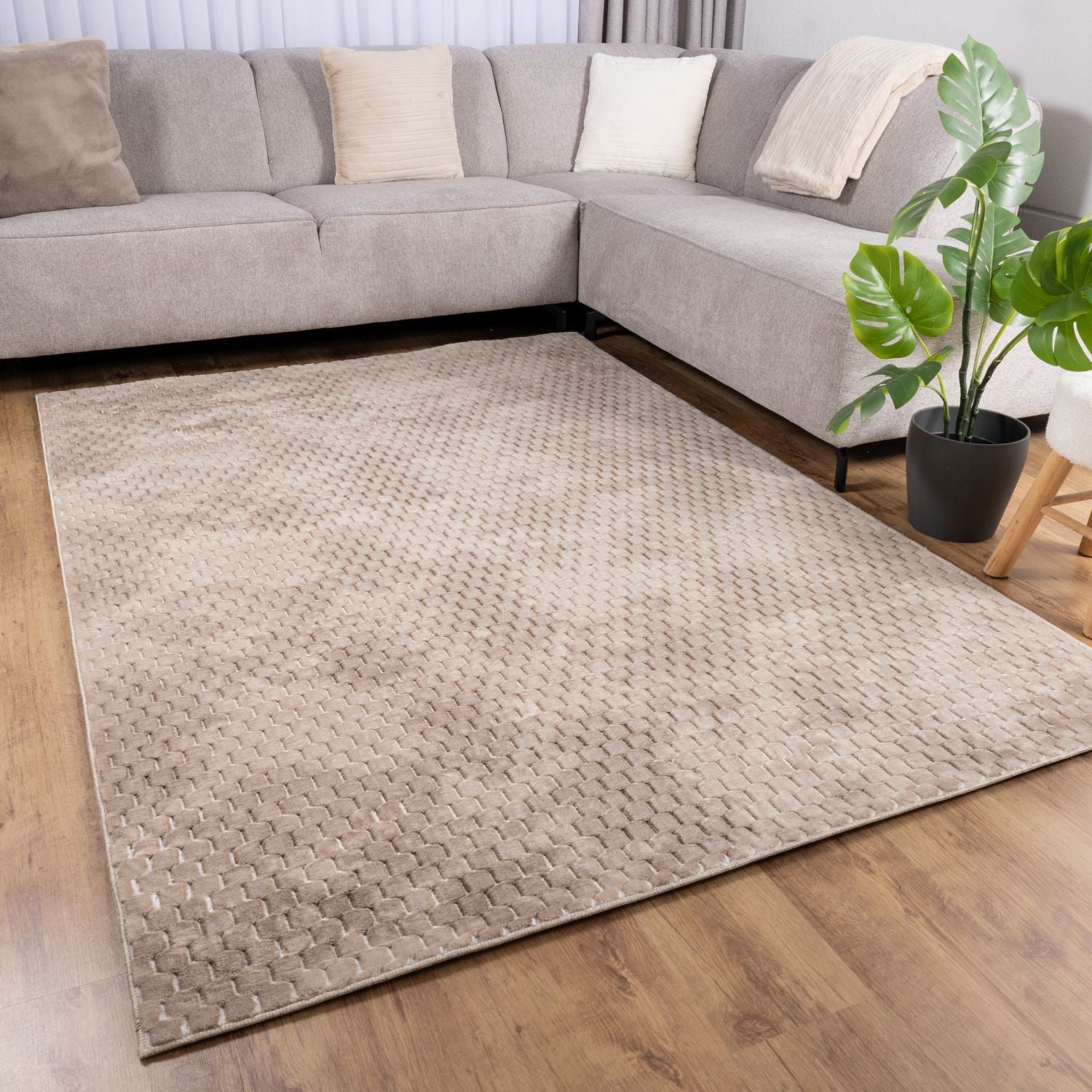 Beige Tapijt Wasbaar Laagpolig Vloerkleed met Anti Slip Omid Modula Wasbaar op 30° - Omid Carpets