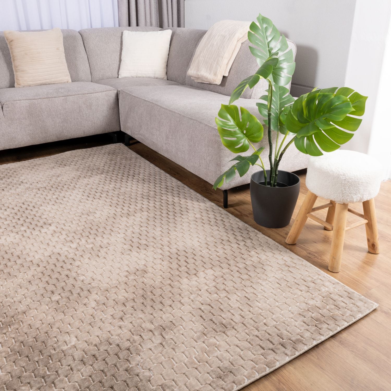 Beige Tapijt Wasbaar Laagpolig Vloerkleed met Anti Slip Omid Modula Wasbaar op 30° - Omid Carpets