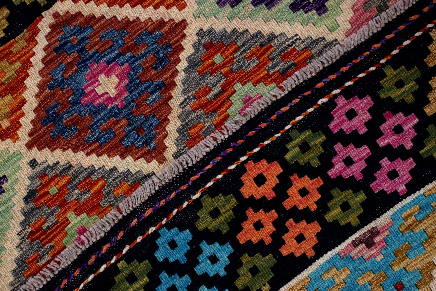 Kleurrijk Tapijt Laagpolig Handgeweven Wollen Vloerkleed - Omid Afghan Kelim 201x158