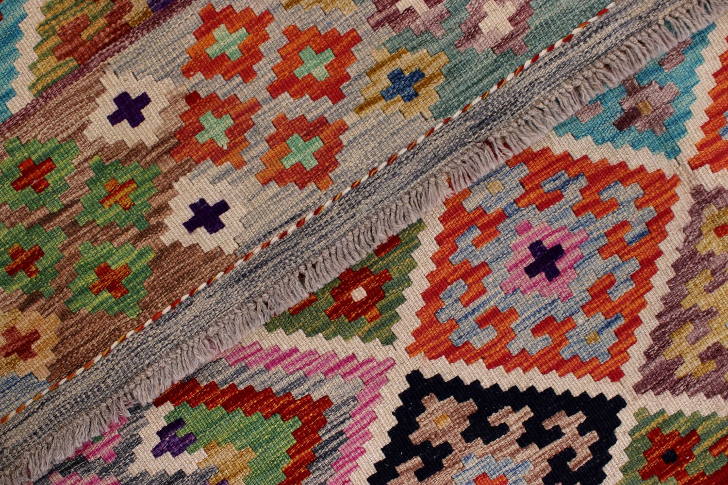Kleurrijk Tapijt Laagpolig Handgeweven Wollen Vloerkleed - Omid Afghan Kelim 213x161