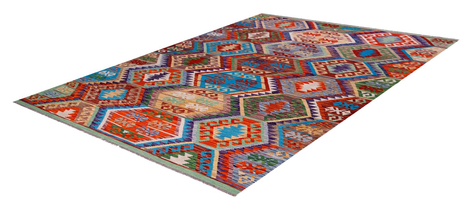 Kleurrijk Tapijt Laagpolig Handgeweven Wollen Vloerkleed - Omid Afghan Kelim 298x202