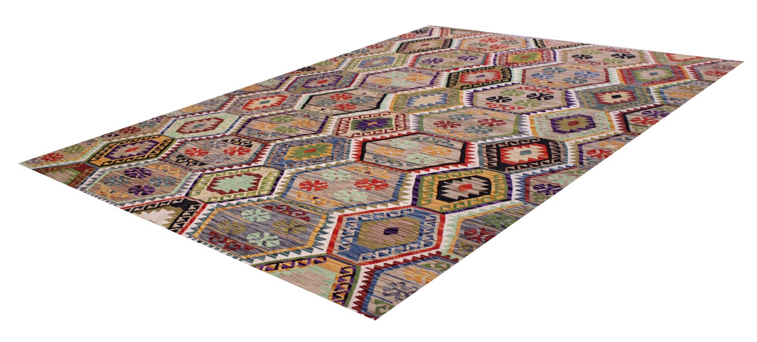 Kleurrijk Tapijt Laagpolig Handgeweven Wollen Vloerkleed - Omid Afghan Kelim 303x211