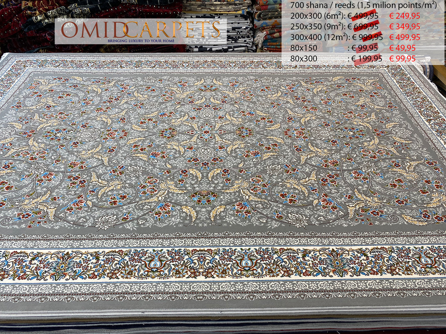 قالین 700 شانه * Grijs Tapijt Laagpolig Klassiek Vloerkleed - Omid Premium Classic - 1,5 Miljoen punten/m²