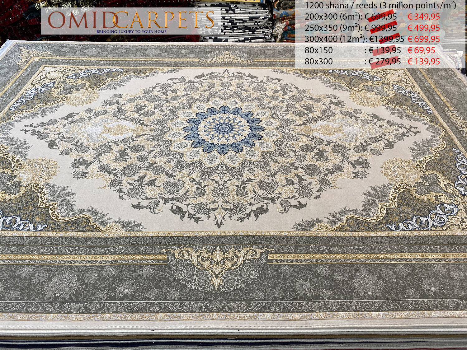 قالین 1200 شانه * Grijs Tapijt Laagpolig Klassiek Vloerkleed - Omid Premium Classic Hand Look - 3 Miljoen punten/m²