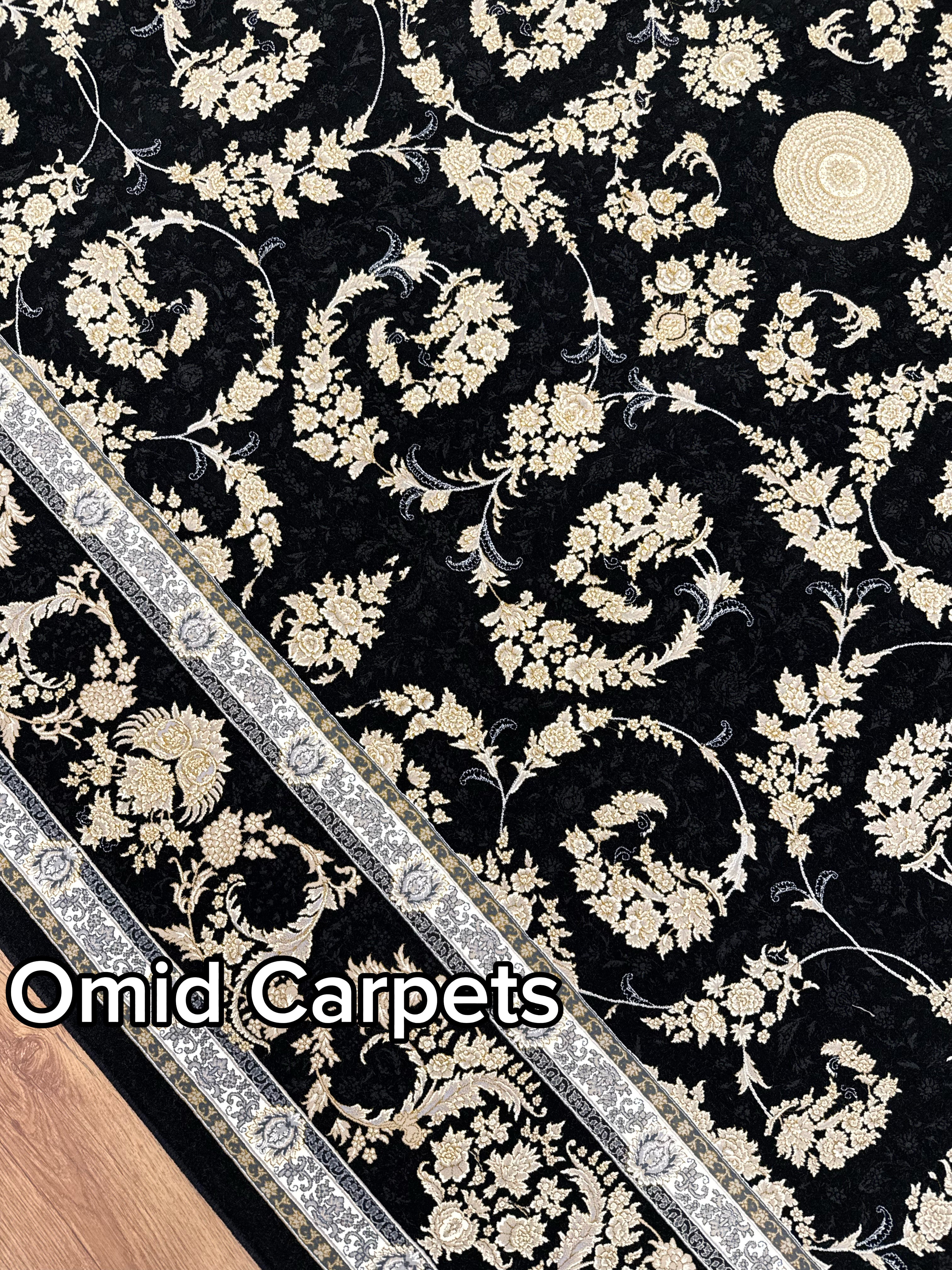 Tapis 1500 nœuds * Tapis noir à poils ras classique - Omid Premium Classic Aspect fait main - 4,5 millions de points/m²