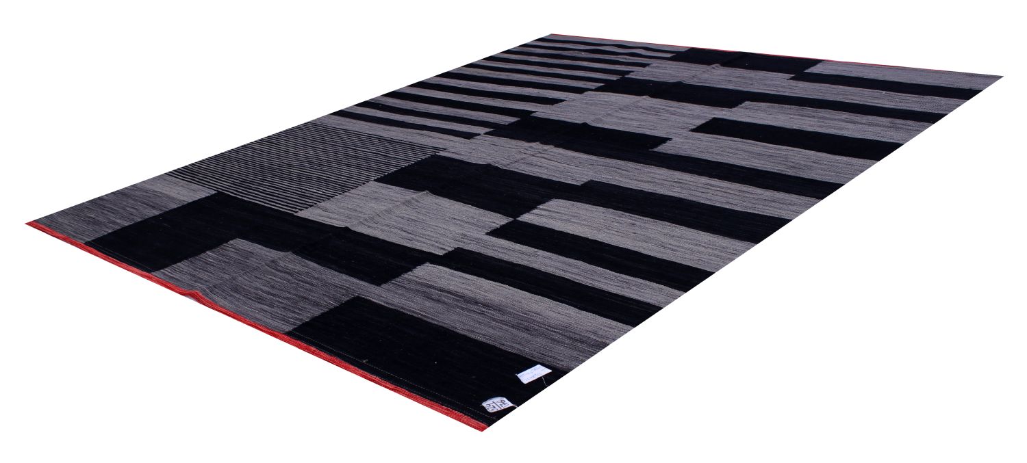 Grijs/Zwart Tapijt Laagpolig Handgeweven Wollen Vloerkleed - Omid Afghan Modern Kelim 228x163
