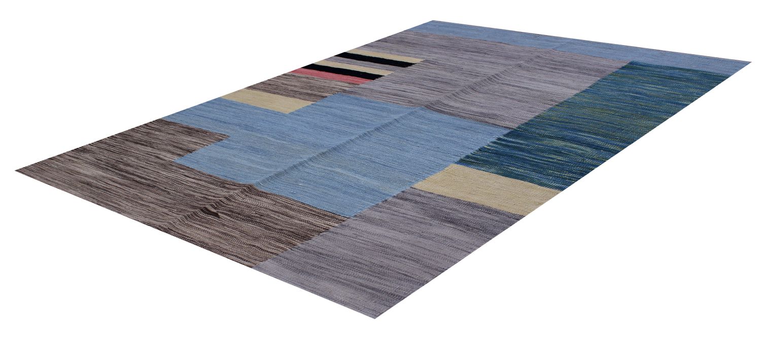 Blauw Tapijt Laagpolig Handgeweven Wollen Vloerkleed - Omid Afghan Modern Kelim 179x121