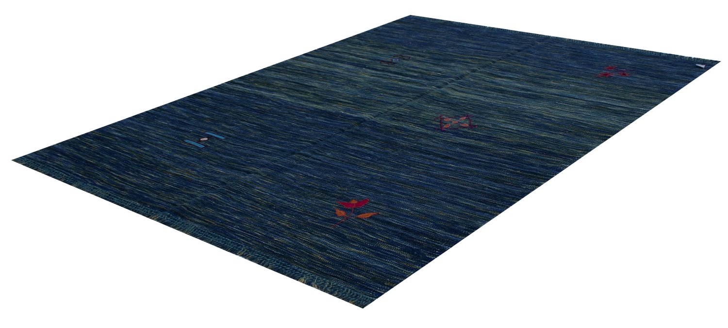 Blauw Tapijt Laagpolig Handgeweven Wollen Vloerkleed - Omid Afghan Modern Kelim 197x154