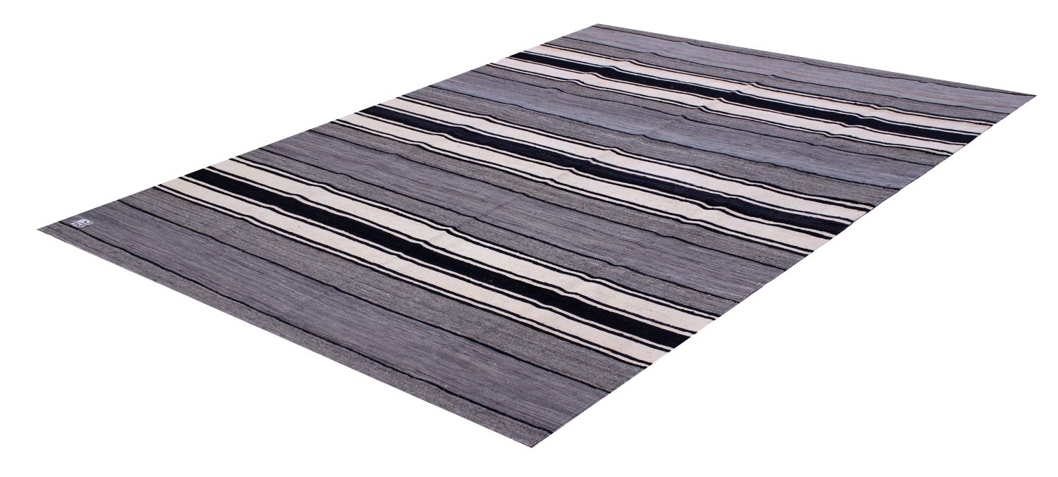 Grijs Tapijt Laagpolig Handgeweven Wollen Vloerkleed - Omid Afghan Modern Kelim 213x150