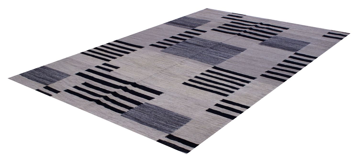 Grijs Tapijt Laagpolig Handgeweven Wollen Vloerkleed - Omid Afghan Modern Kelim 230x165
