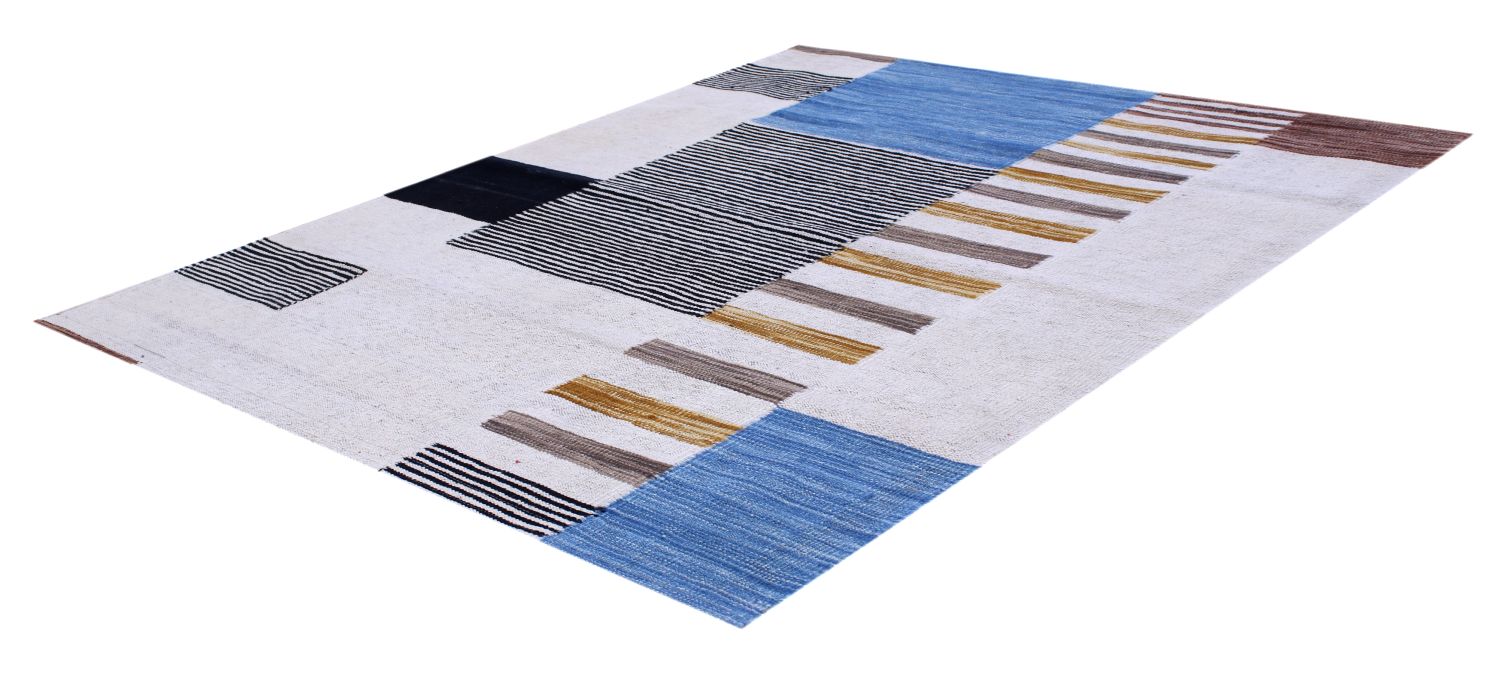 Blauw Tapijt Laagpolig Handgeweven Wollen Vloerkleed - Omid Afghan Modern Kelim 143x108