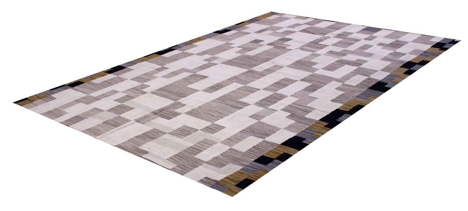 Grijs Tapijt Laagpolig Handgeweven Wollen Vloerkleed - Omid Afghan Modern Kelim 286x204