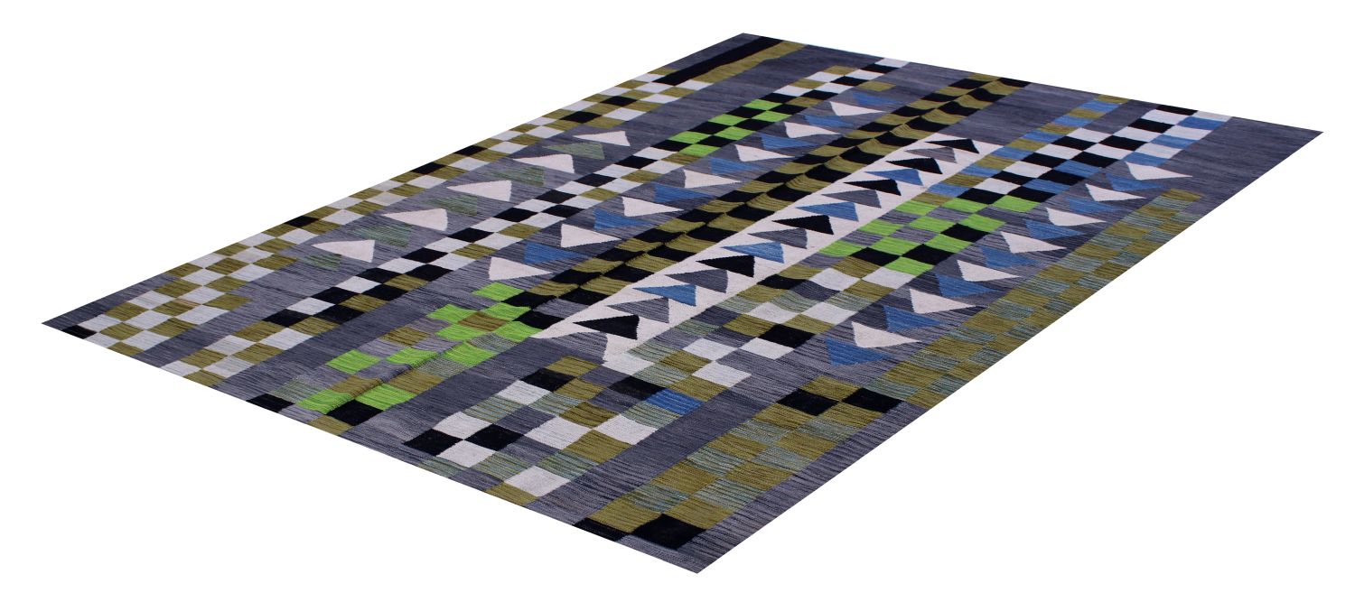 Groen Tapijt Laagpolig Handgeweven Wollen Vloerkleed - Omid Afghan Modern Kelim 285x202