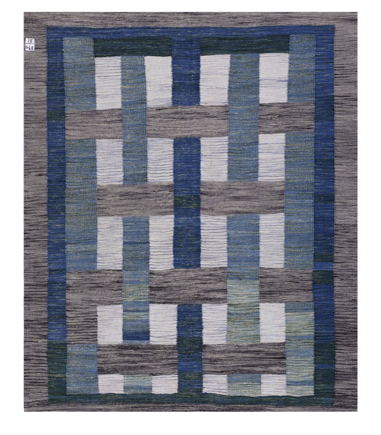 Blauw Tapijt Laagpolig Handgeweven Wollen Vloerkleed - Omid Afghan Modern Kelim 164x141