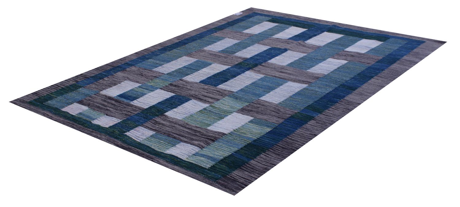 Blauw Tapijt Laagpolig Handgeweven Wollen Vloerkleed - Omid Afghan Modern Kelim 164x141
