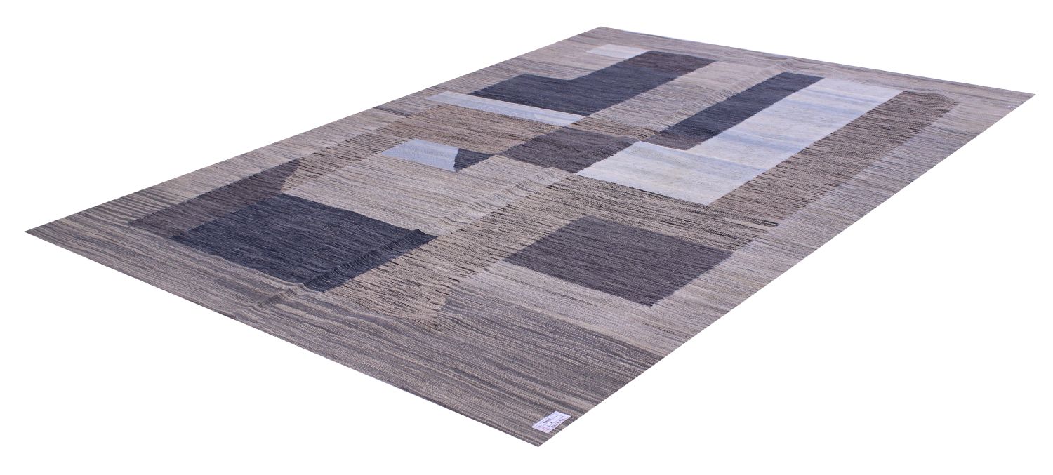 Grijs Tapijt Laagpolig Handgeweven Wollen Vloerkleed - Omid Afghan Modern Kelim 225x165