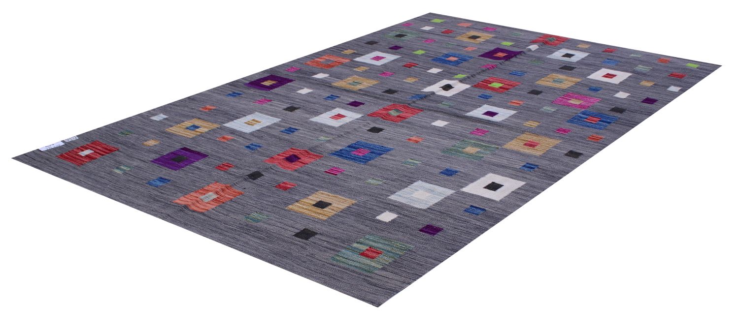 Grijs Tapijt Laagpolig Handgeweven Wollen Vloerkleed - Omid Afghan Modern Kelim 200x148