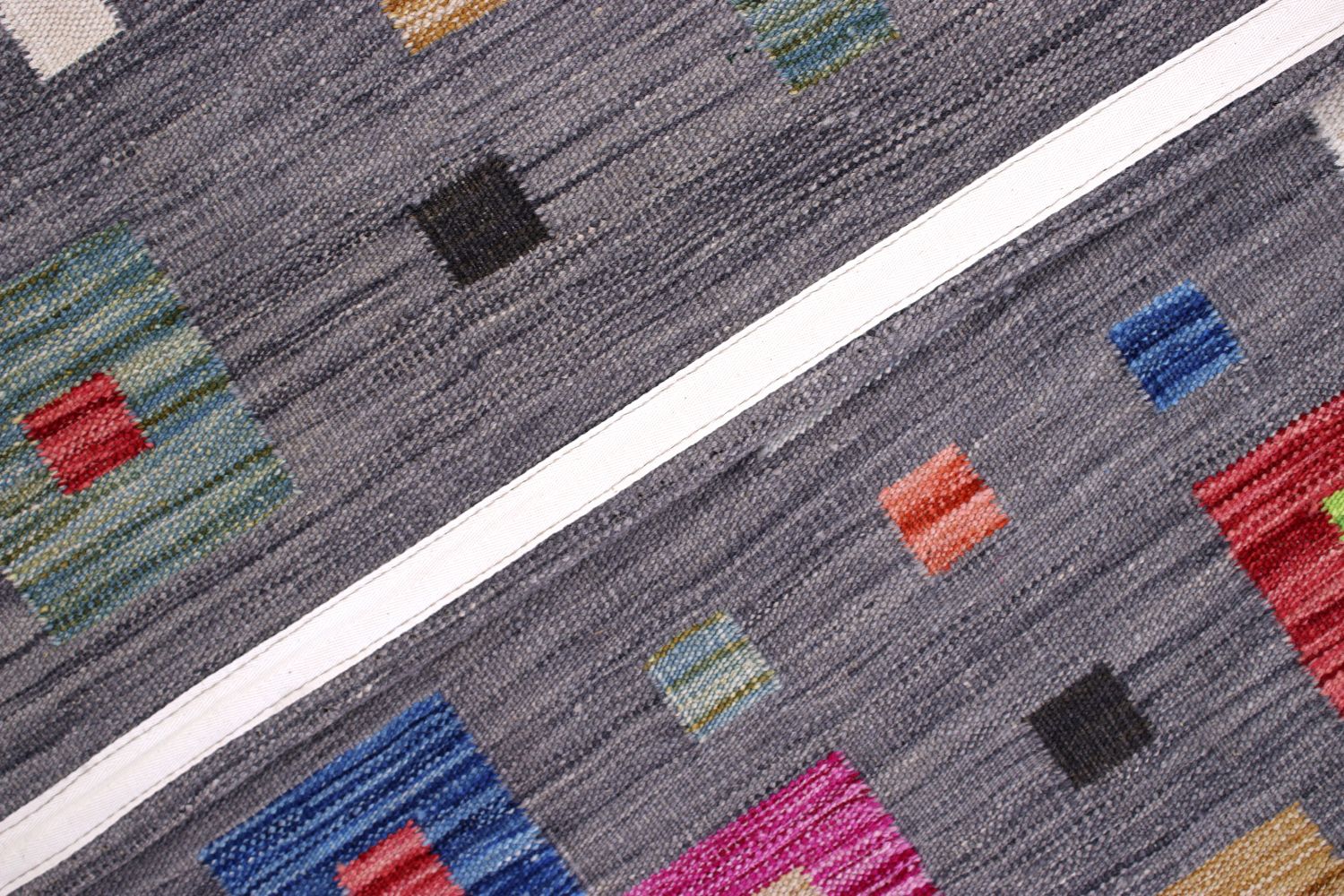 Grijs Tapijt Laagpolig Handgeweven Wollen Vloerkleed - Omid Afghan Modern Kelim 200x148