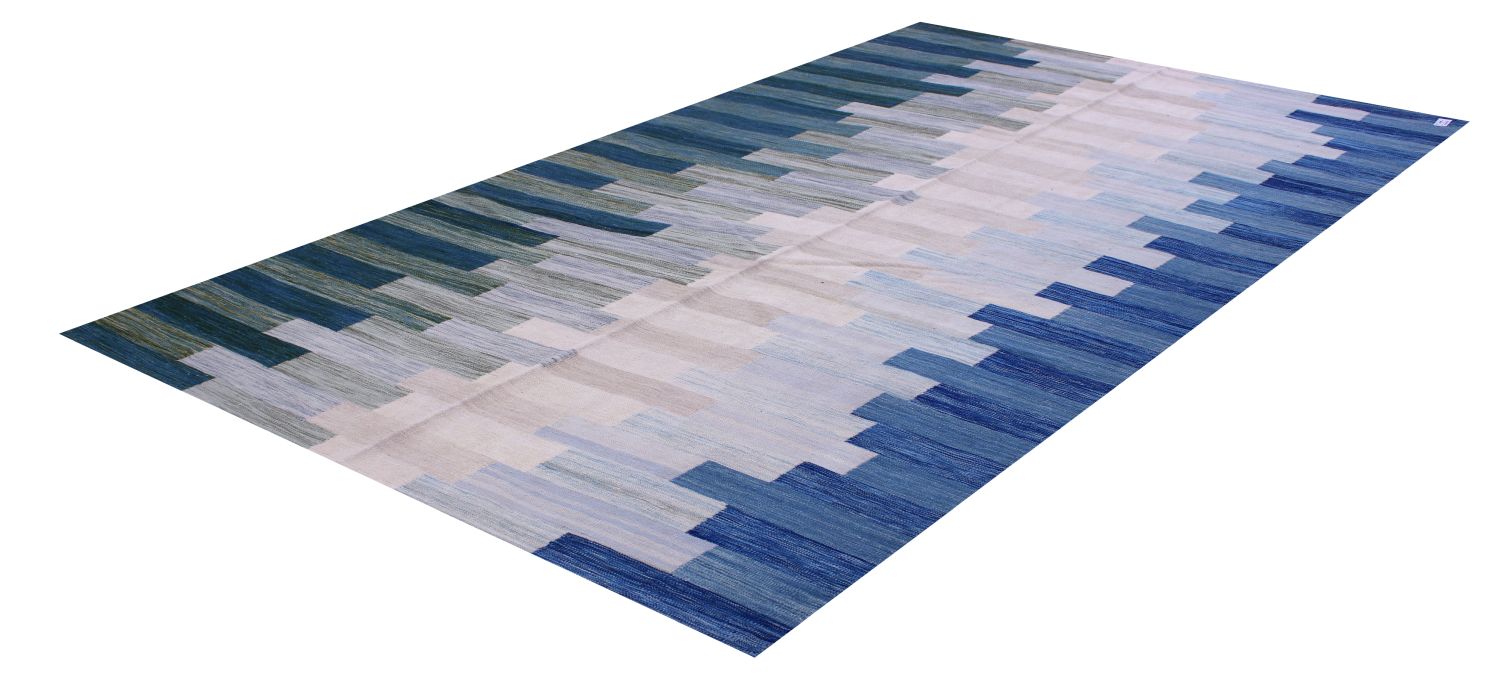 Blauw Tapijt Laagpolig Handgeweven Wollen Vloerkleed - Omid Afghan Modern Kelim 297x198