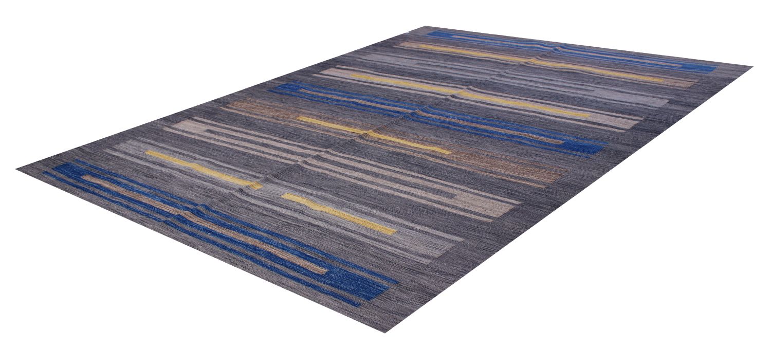 Blauw Tapijt Laagpolig Handgeweven Wollen Vloerkleed - Omid Afghan Modern Kelim 303x203
