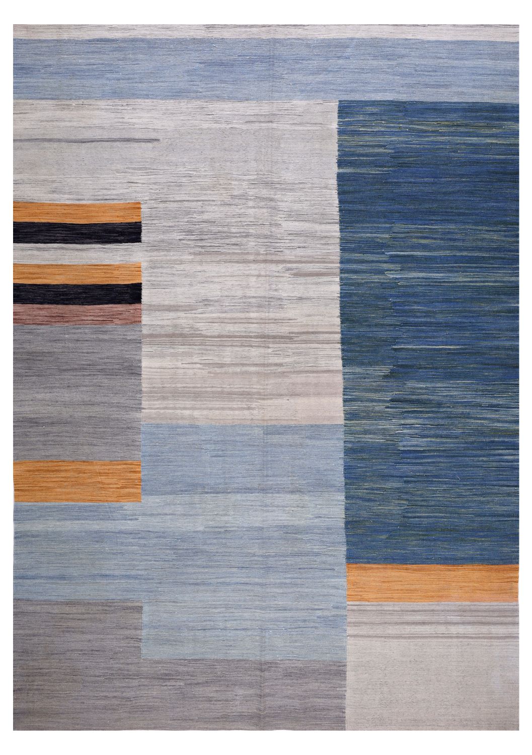 Blauw Tapijt Laagpolig Handgeweven Wollen Vloerkleed - Omid Afghan Modern Kelim 346x245