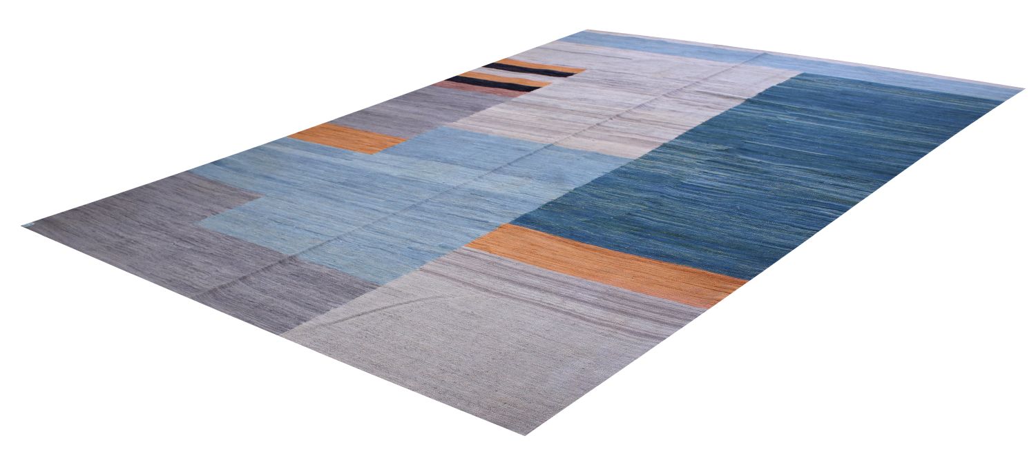 Blauw Tapijt Laagpolig Handgeweven Wollen Vloerkleed - Omid Afghan Modern Kelim 346x245