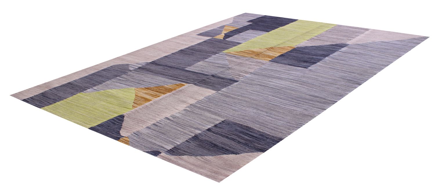Grijs/Groen Tapijt Laagpolig Handgeweven Wollen Vloerkleed - Omid Afghan Modern Kelim 230x154