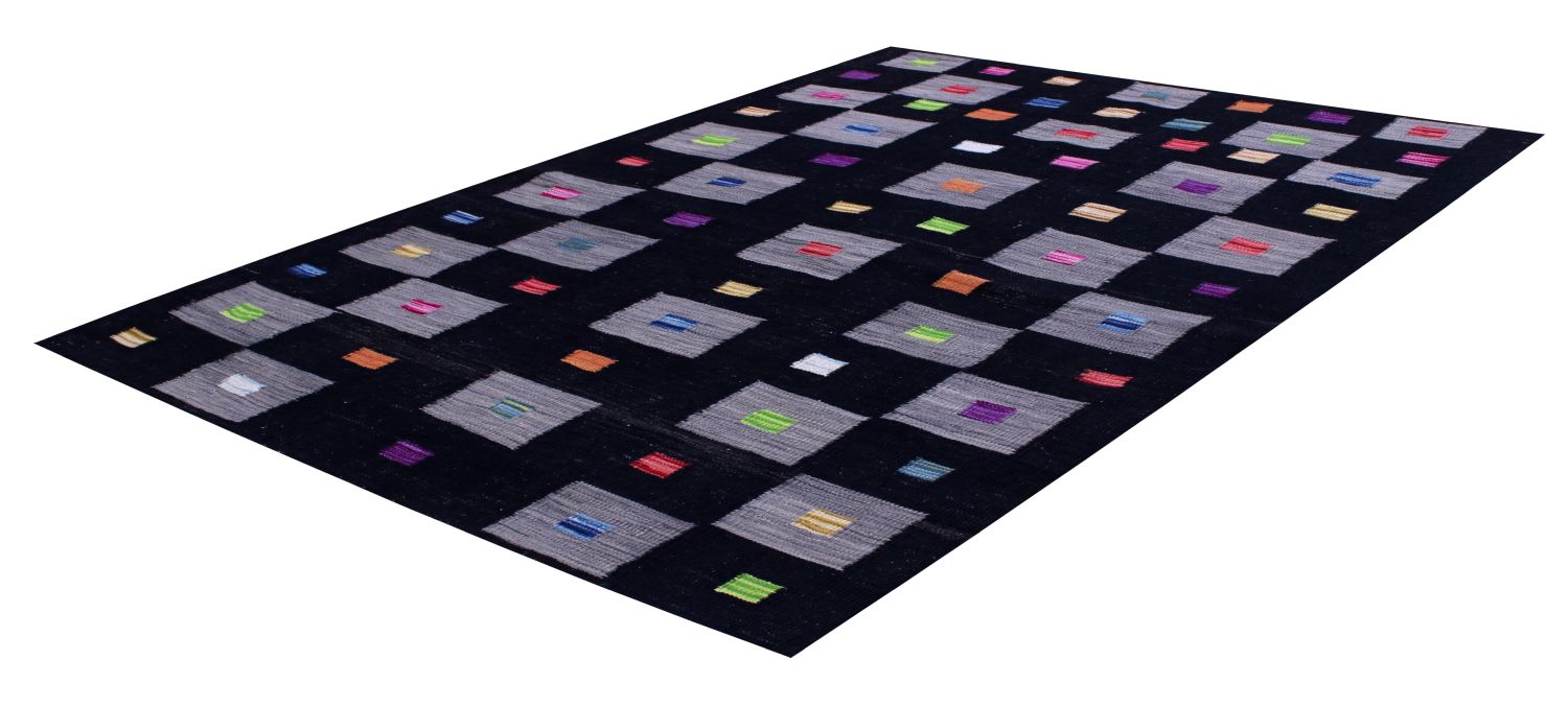 Zwart Tapijt Laagpolig Handgeweven Wollen Vloerkleed - Omid Afghan Modern Kelim 146x102