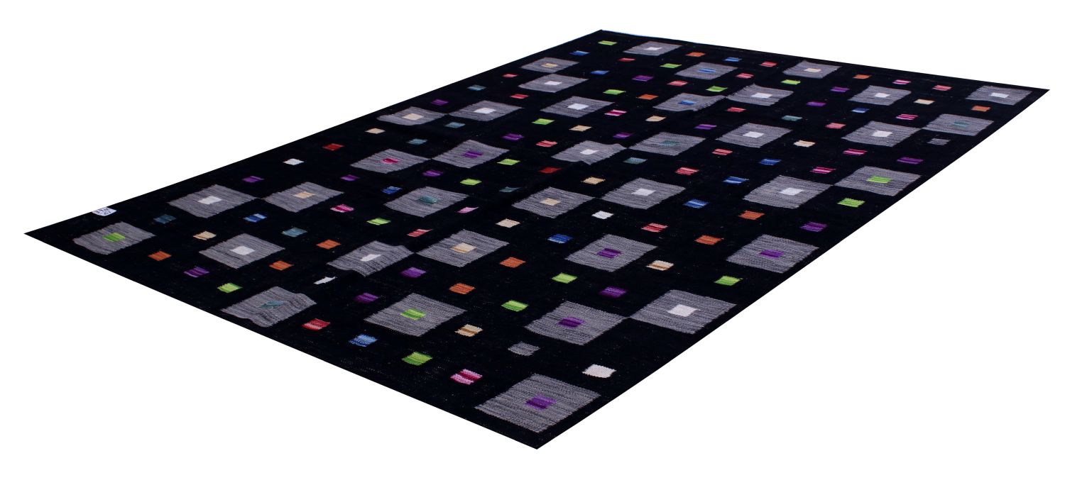 Zwart Tapijt Laagpolig Handgeweven Wollen Vloerkleed - Omid Afghan Modern Kelim 193x156