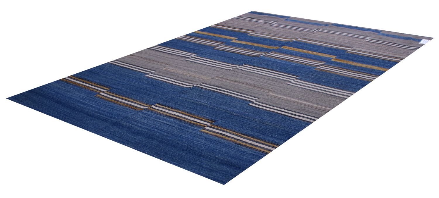 Blauw Tapijt Laagpolig Handgeweven Wollen Vloerkleed - Omid Afghan Modern Kelim 222x165