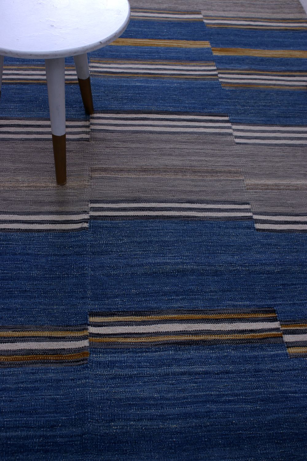 Blauw Tapijt Laagpolig Handgeweven Wollen Vloerkleed - Omid Afghan Modern Kelim 222x165