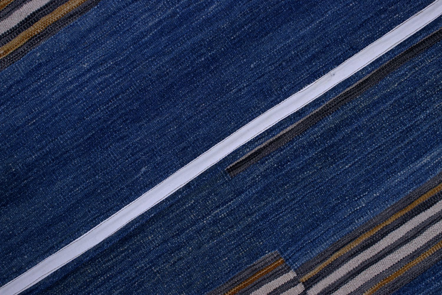 Blauw Tapijt Laagpolig Handgeweven Wollen Vloerkleed - Omid Afghan Modern Kelim 222x165