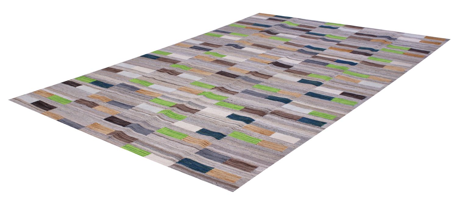 Grijs Tapijt Laagpolig Handgeweven Wollen Vloerkleed - Omid Afghan Modern Kelim 221x160