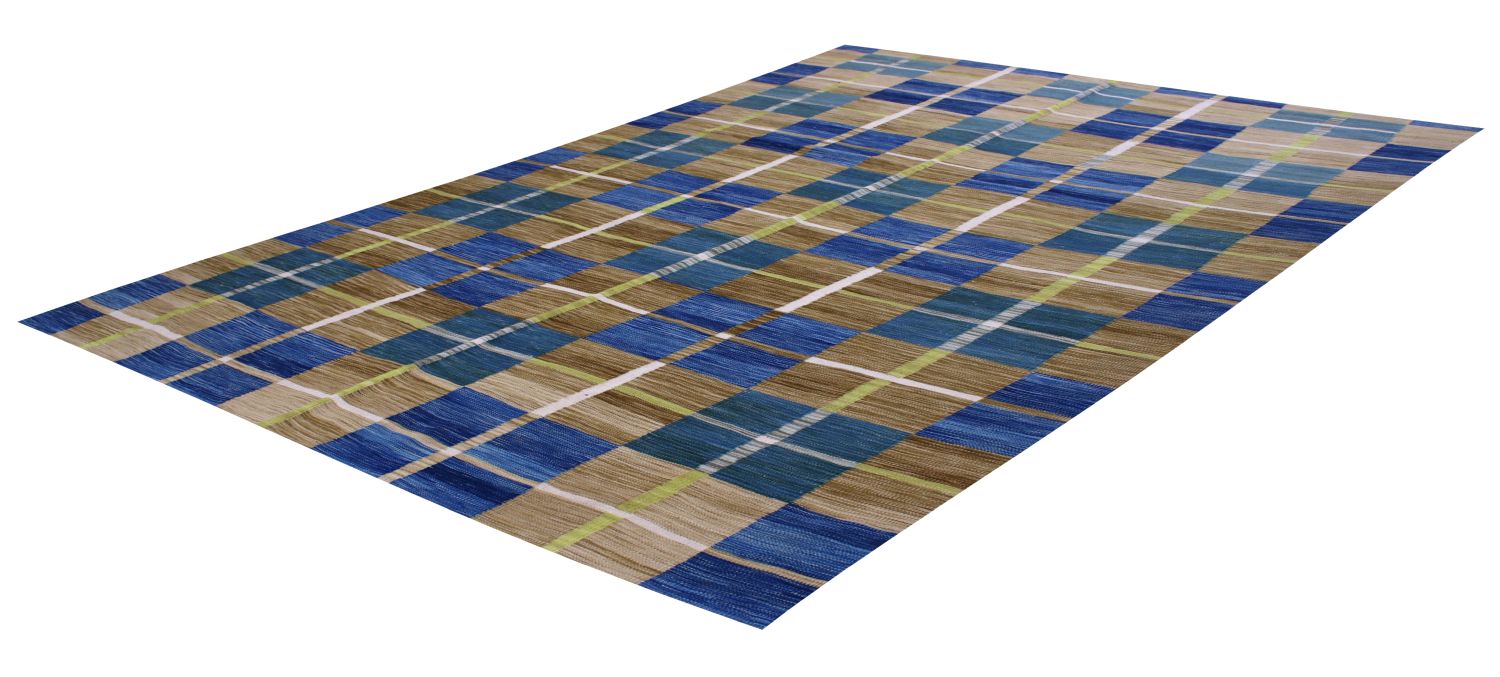 Blauw Tapijt Laagpolig Handgeweven Wollen Vloerkleed - Omid Afghan Modern Kelim 298x198